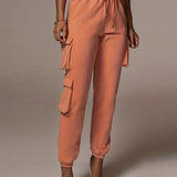 kkboxly  Drawstring Baggy Cargo Pants, Casual High Waist Flap Pockets Pants, Women's Clothing