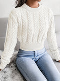 Solid Crew Neck Cable Knit Sweater, Casual Long Sleeve Pullover Sweater, Women's Clothing