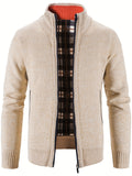 kkboxly  Warm Stand Collar Fleece Jacket, Men's Semi-formal Comfortable Solid Color Zip Up Knitted Cardigan For Spring Fall