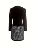 kkboxly  Houndstooth Print V Neck Dress, Casual Long Sleeve Slim Dress, Women's Clothing
