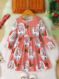 Girls' Christmas Santa Print Long Sleeve Dress, Cute Polyester Fabric, Stretchy, Christmas Pattern, A-Line, Ruffle Detail, Spring/Autumn Season, Children'S Fashion Dress