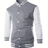 kkboxly  Trendy Varsity Jacket, Men's Casual Color Block Button Up Jacket For Spring Fall School Baseball