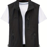 kkboxly  Zipper Pockets Cargo Vest, Men's Casual Outwear Stand Collar Zip Up Vest For Spring Summer Outdoor Fishing Photography
