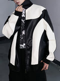 kkboxly Men's Casual Color Block PU Leather Jacket, Chic Biker Jacket