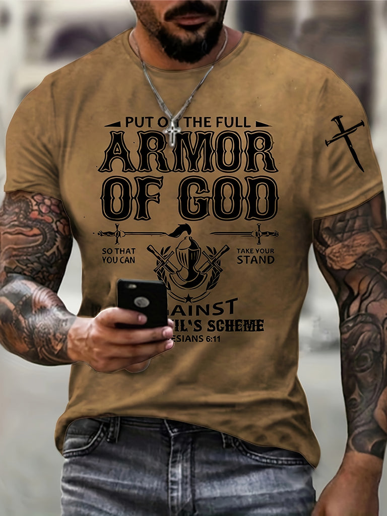 kkboxly  Retro Armor Of God Print, Men's Graphic Design Crew Neck Novel T-shirt, Casual Comfy Tees Tshirts For Summer, Men's Clothing Tops For Daily Vacation Resorts