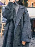 kkboxly  Plaid Button Front Pea Coat, Casual Lapel Long Sleeve Fall & Winter Outerwear, Women's Clothing