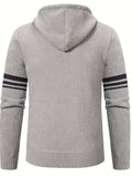 Men's Striped Fleece Hooded Cardigan, Casual Slightly Stretch Breathable Zip Up Thermal Jacket For Fall Winter Outdoor