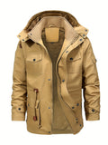 kkboxly  Warm Fleece Hooded Jacket, Men's Casual Multi Pocket Jacket Coat For Fall Winter