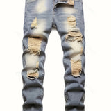 kkboxly  Regular Fit Ripped Jeans, Men's Casual Street Style Distressed Denim Pants For All Seasons