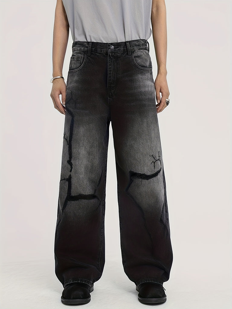 kkboxly  Men's Street Ripped Pants Design Sense Black Jeans, Male's Handsome Trend Loose Straight Pants