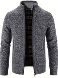 kkboxly  Warm Stand Collar Fleece Jacket, Men's Casual Comfortable Solid Color Zip Up Knitted Cardigan For Spring Fall