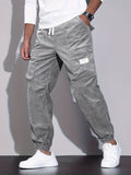kkboxly  Men's Stylish Solid Corduroy Cargo Joggers With Pockets, Causal Breathable Drawstring Men's Bottom Clothing For City Walk Street Hanging Outdoor Activities
