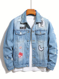 kkboxly  Men's Chic Ripped Denim Jacket, Casual Street Style Patchwork Denim Coat