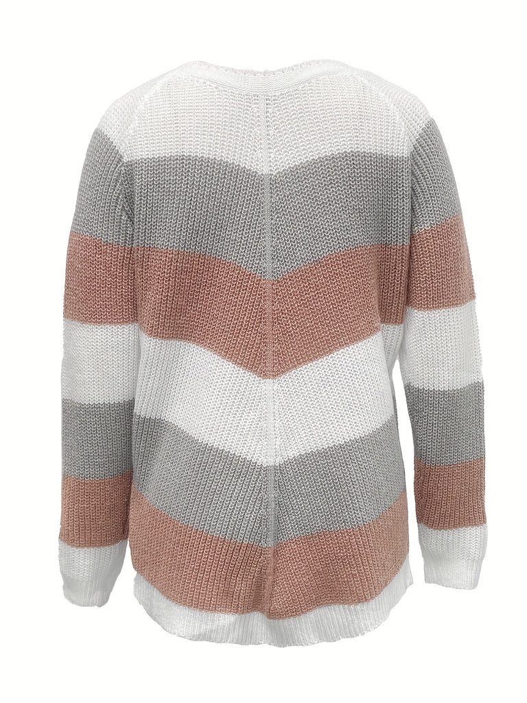 Striped Pattern Crew Neck Pullover Sweater, Casual Long Sleeve Sweater For Fall & Winter, Women's Clothing