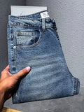 kkboxly  Regular Retro Straight Leg Jeans, Men's Casual Street Style Stretch Distressed Denim Pants With Pockets