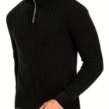 kkboxly  Men's Stand Collar Solid Knit Sweater , Men's Casual Lapel Slightly Stretch V-Neck Pullover Sweater For Men Winter Fall