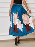 Floral Print Flared Pleated Skirt, Elegant Elastic Waist Midi Skirt, Women's Clothing