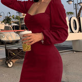kkboxly  Squared Neck Lantern Sleeve Dress, Casual Solid Bodycon Bag Hip Dress, Women's Clothing