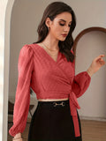 kkboxly  Solid Knotted Blouse, Elegant V Neck Lantern Sleeve Blouse, Women's Clothing