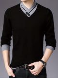 All Match Knitted Slim Sweater, Men's Casual Warm Slightly Stretch Shawl Collar Pullover Sweater For Men Fall Winter