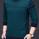 kkboxly  Men's Geometric Pattern Knitted Sweater, Casual Mid Stretch Breathable Pullover For Outdoor, Men's Clothing
