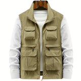 kkboxly  Multi Zipper Pockets Vest, Men's Casual Stand Collar Zip Up Vest For Spring Summer Outdoor Fishing Hiking