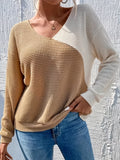 kkboxly Color Block Twist Back Top, Versatile V-neck Top For Spring & Fall, Women's Clothing