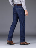 kkboxly  Men's Stylish Loose Fleece Denim Pants With Pockets, Active Breathable Comfy Mid Stretch Straight Leg Trousers For City Walk Street Hanging Outdoor Activities