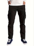 kkboxly  Men's Stylish Solid Cargo Jogger With Pockets, Causal Breathable Drawstring Men's Bottom Clothing For City Walk Street Hanging Outdoor Activities