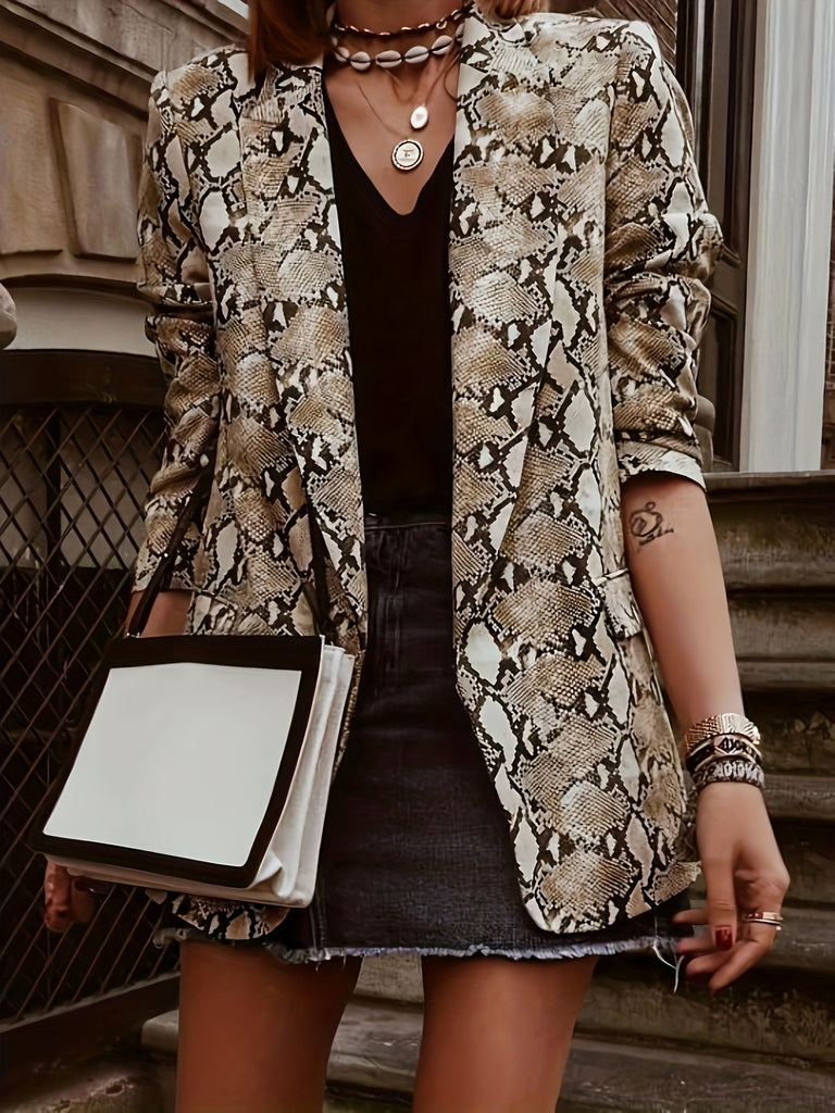 kkboxly  Plus Size Casual Blazer, Women's Plus Snake Pattern Lapel Collar Open Front Long Sleeve Slim Fit Blazer