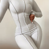 Solid High Collar Long Sleeve Jumpsuit, Casual Skinny Long Length Stylish Jumpsuit, Women's Clothing