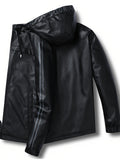 realaiot  Men's Stylish Faux Leather Jacket With Pockets, Casual Breathable Zip Up Long Sleeve Hooded Jacket For Spring Fall Outdoor