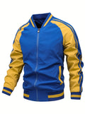 kkboxly  Men's Color Block Graphic Sports Jacket, Casual Striped Zip Up Varsity Jacket For Outdoor Fall Winter