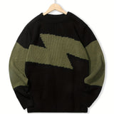 kkboxly  All Match Knitted Color Block Sweater, Men's Casual Warm High Stretch Crew Neck Pullover Sweater For Men Fall Winter