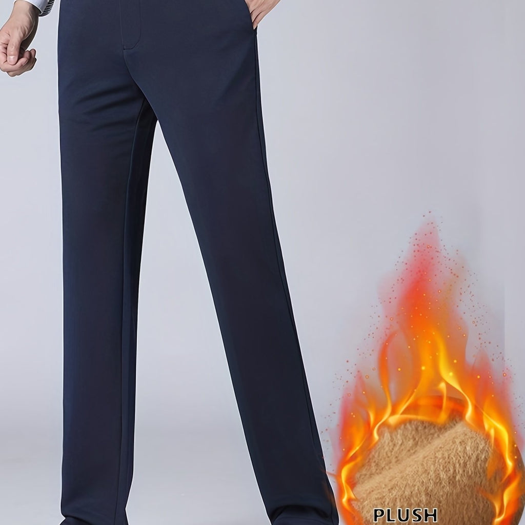 kkboxly  Warm Fleece Dress Pants, Men's Formal Stretch Dress Pants For Fall Winter Business