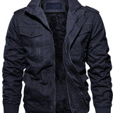 kkboxly Warm Plush Fleece Cotton Jacket, Men's Casual Zipper Pockets Stand Collar Jacket Coat For Fall Winter