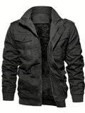 kkboxly Warm Plush Fleece Cotton Jacket, Men's Casual Zipper Pockets Stand Collar Jacket Coat For Fall Winter