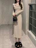kkboxly  Button Front Skew Neck Split Dress, Casual Long Sleeve Knit A-line Dress For Spring & Fall, Women's Clothing