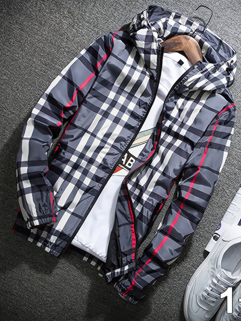 kkboxly Plaid Retro Vintage Hooded Jacket, Men's Casual Zip Up Jacket Coat Hoodie College Hipster Windbreaker For Spring Fall