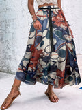 kkboxly  Floral Print Maxi Skirt, Boho Holiday Beach High Waist Elastic Drawstring Skirt, Women's Clothing