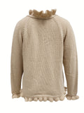 kkboxly  Solid V Neck Button Ruffle Hem Pullover Sweater, Casual Long Sleeve Sweater For Fall & Winter, Women's Clothing