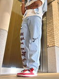 kkboxly  Y2K Baggy Dove Letter Print Jeans, Men's Casual Street Style Solid Color Slightly Stretch Denim Pants For Spring Summer