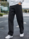 kkboxly Men's Vintage Style Loose Solid Denim Pants With Pockets, Casual Breathable Cotton Blend Straight Leg Jeans For Spring Fall