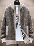 Men's Full Zip Up Casual Stand Collar Cardigan, Regular Fit Knitted Sweater Jacket Coat With Pockets For Winter Fall