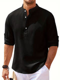 kkboxly Men's Retro Casual Long Sleeve Stand Collar Shirt With Half Button, Spring Fall Outdoor