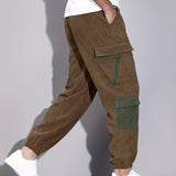 kkboxly  Trendy Corduroy Cargo Drawstring Pants, Men's Multi Flap Pocket Trousers, Loose Casual Outdoor Pants, Men's Work Pants Outdoors Streetwear Hip Hop Style