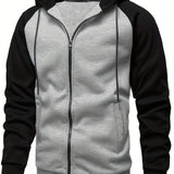 kkboxly  Fall/Winter Men's Colorblock Raglan Sleeve Zip Up Drawstring Hoodie