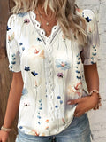 kkboxly   Floral Print Contrast Lace Blouse, Casual V Neck Short Sleeve Summer Blouse, Women's Clothing