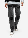 kkboxly  Loose Fit Ripped Jeans, Men's Casual Street Style Side Zipper Straight Leg Jeans