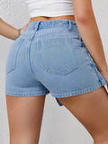 kkboxly  A-Line Casual Denim Skirt, Asymmetrical Button Front High Waist Denim Skort, Women's Denim Clothing